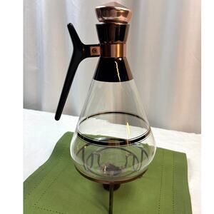 Mid-Century Modern Atomic Era Inland Copper and Glass Carafe with Warming Stand